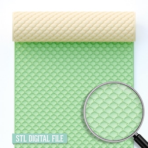 May include: A light green, textured rolling pin with a beige handle, resting on a matching green surface. The surface and rolling pin feature a repeating scale pattern. The text "STL DIGITAL FILE" is at the bottom.