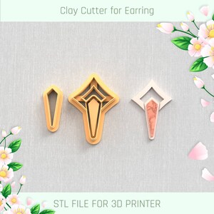 Puede incluir: Cortador de arcilla para pendientes, archivo STL para impresora 3D. El cortador es una forma geométrica con una punta puntiaguda y un diseño decorativo. El cortador se muestra sobre un fondo texturizado.