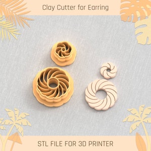Könnte beinhalten: Vier hellorangefarbene Ton-Ausstecher für Ohrringe mit Spiral- und Blumenmustern. Der Text "Clay Cutter for Earring" und "STL FILE FOR 3D PRINTER" ist im Bild enthalten. Für den 3D-Druck konzipiert.