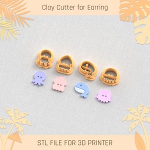 May include: A set of 3D printed clay cutters for earrings, featuring an octopus, jellyfish, and a whale. The cutters are made for use with polymer clay and are designed to create cute and whimsical earrings. STL FILE FOR 3D PRINTER.