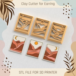 May include: Set of six 3D printed clay cutters for earrings. The cutters are shaped like abstract landscapes with a crescent moon, sun, and mountains. The cutters are made for use with polymer clay.