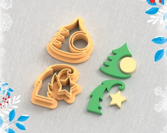 Puede incluir: Cuatro cortadores de arcilla impresos en 3D para pendientes, con forma de árboles de Navidad y estrellas. Los cortadores son en tonos de verde, amarillo y marrón. ARCHIVO STL PARA IMPRESORA 3D.