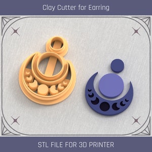 Puede incluir: Dos cortadores de arcilla impresos en 3D para pendientes, uno en naranja y otro en azul, con forma de media luna con lunas más pequeñas en su interior. ARCHIVO STL PARA IMPRESORA 3D.