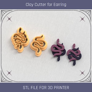 May include: Two 3D printed clay cutters in the shape of a snake, one in a light brown color and the other in a dark purple color. The text "STL FILE FOR 3D PRINTER" is at the bottom of the image.