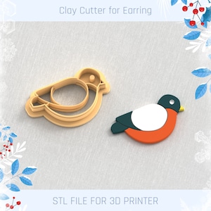 May include: A 3D printed clay cutter for earrings in the shape of a robin. The cutter is beige and the robin is orange, black, and white. STL FILE FOR 3D PRINTER.