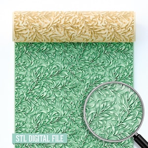 May include: A rolling pin with a leaf pattern rests on a green surface with the same design. The rolling pin is beige, and the surface is a light green. A magnifying glass shows the intricate details of the leaf pattern. The text "STL DIGITAL FILE" is at the bottom.