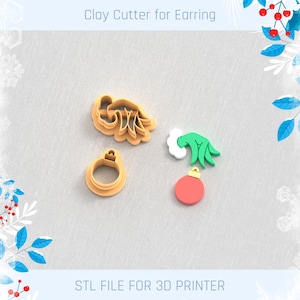 Puede incluir: Imagen de cortadores de arcilla para pendientes. Los cortadores tienen forma de hoja estilizada, anillo, mano verde con nube blanca y adorno rojo. El texto "Clay Cutter for Earring" y "STL FILE FOR 3D PRINTER" están arriba y abajo.