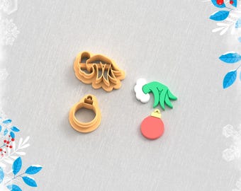 Grinch Hand met kerstbal kleivorm, winteroorbelsteker, kerstkleivorm, 5 maten, STL-oorbel, digitaal STL-bestand