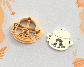 Teapot with Mushrooms Clay Cutter, Autumn Clay Cutters, Fall Autumn Earring Clay Cutter, 5 Sizes, STL Earring, Digital STL File