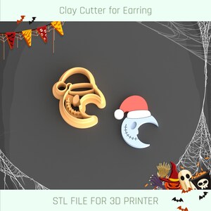 May include: Two 3D printed cookie cutters for making holiday-themed earrings. The cutters are shaped like a smiling face with a Santa hat and a crescent moon with a stitched-up mouth.