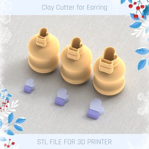 Puede incluir: Tres cortadores de arcilla impresos en 3D con forma de guantes, con una versión más pequeña del cortador en el lado izquierdo de la imagen. El texto "STL FILE FOR 3D PRINTER" está en la parte inferior de la imagen.