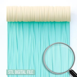 May include: A digital rendering of a teal curtain with a cream-colored valance. The text "STL DIGITAL FILE" is displayed at the bottom. A magnifying glass is in the foreground, partially obscuring the curtain.