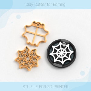 Puede incluir: Tres cortadores de galletas impresos en 3D para hacer galletas con forma de telaraña. Los cortadores son de color naranja y presentan un diseño de telaraña. El texto "Clay Cutter for Earring" y "STL FILE FOR 3D PRINTER" es visible en la imagen.
