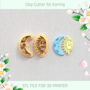 Puede incluir: Tres cortadores de galletas impresos en 3D para pendientes de arcilla. Los cortadores tienen forma de media luna, sol con cara y media luna con sol dentro. Los cortadores son beige y azul.