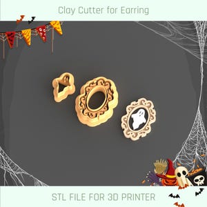 May include: Three 3D printed cookie cutters for making Halloween-themed cookies. The cutters are shaped like a ghost in a frame, a simple oval, and a teardrop shape. The cutters are made of a light brown plastic and are ready to be used for baking.
