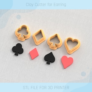 May include: Six 3D printed clay cutters for earrings in the shape of playing card suits: clubs, diamonds, spades, and hearts. The cutters are in two colors: orange and black.  STL FILE FOR 3D PRINTER.