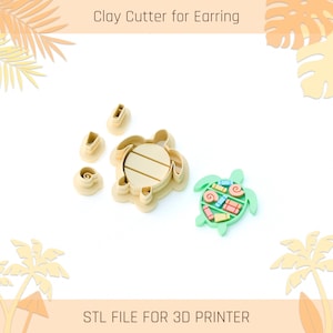 May include: A beige plastic turtle-shaped clay cutter for earrings, accompanied by three smaller geometric cutters. Next to these is a light green turtle-shaped clay piece featuring embedded pastel-colored shapes. Text reads Clay Cutter for Earring and STL FILE FOR 3D PRINTER.