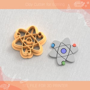 May include: A 3D printed model of an atom, a science-themed cookie cutter for making polymer clay earrings. STL file for 3D printer.