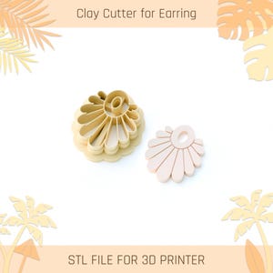 May include: Two clay cutters for earrings. One is a complete cutter, and the other is a cut-out earring. The cutters are beige and pink, with a floral design. The text "Clay Cutter for Earring" and "STL FILE FOR 3D PRINTER" are visible.