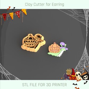 May include: Two clay cutters for earrings, one shaped like a pumpkin and the other like a pumpkin snail. The pumpkin cutter is a light brown color, and the pumpkin snail is orange, green, and purple. The text "Clay Cutter for Earring" and "STL FILE FOR 3D PRINTER" are visible.