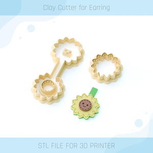 May include: Three 3D printed cookie cutters shaped like sunflowers. The cutters are made of a light brown plastic. The largest cutter has a smaller circle inside the sunflower shape. The smallest cutter is a single sunflower shape. The cutters are designed to be used with polymer clay to create earrings.