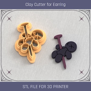 May include: Two 3D printed clay cutters for earrings. One cutter is shaped like a flower with a stem and the other is shaped like a voodoo doll with a pin through it. STL FILE FOR 3D PRINTER.