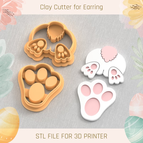 Butt Bunny and Footprints Bunny Easter Polymer Clay Cutters, 5 Sizes, STL Earring, Digital STL File