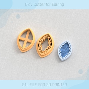 Puede incluir: Tres cortadores de arcilla para pendientes, dos son naranjas y uno es azul. Los cortadores tienen forma de hoja con diseños intrincados. El texto "STL FILE FOR 3D PRINTER" está en la parte inferior de la imagen.