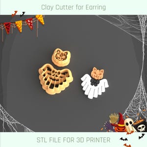 Könnte beinhalten: Ton-Ausstecher für Ohrringe, darunter ein Katzenmotiv, ein Spinnennetz und eine Katze im Geisterkostüm. Die Ausstecher sind hellorange. Der Text "Clay Cutter for Earring" und "STL FILE FOR 3D PRINTER" sind sichtbar.