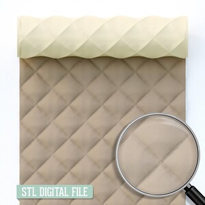 May include: A digital file for 3D printing a quilted pattern. The pattern is beige with a subtle texture and a diamond stitch design. The file is available for download as an STL file.