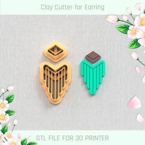 Peut inclure: Deux emporte-pièces en argile imprimés en 3D pour boucles d'oreilles. L'emporte-pièce de gauche est un motif géométrique dans des tons de brun et d'orange. L'emporte-pièce de droite est un motif géométrique dans des tons de vert et de brun.  FICHIER STL POUR IMPRIMANTE 3D.