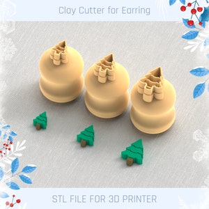 May include: Three beige plastic Christmas tree cookie cutters and three green plastic Christmas tree shapes.  The text "STL FILE FOR 3D PRINTER" is at the bottom of the image.