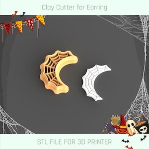 May include: Two clay cutters for earrings, one in beige and one in white, shaped like a crescent moon with a spiderweb design. The text "Clay Cutter for Earring" and "STL FILE FOR 3D PRINTER" are visible.