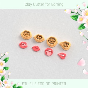 Pode incluir: Uma coleção de cortadores de argila e brincos de argila acabados em forma de lábios. Os cortadores são castanhos, e os brincos são vermelhos com detalhes em rosa. O texto diz "Clay Cutter for Earring" e "STL FILE FOR 3D PRINTER".