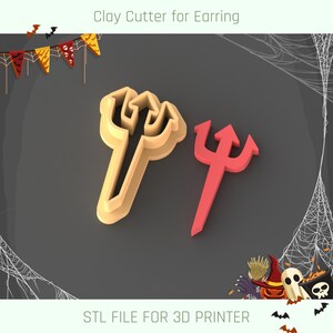 May include: Two 3D printed clay cutters shaped like tridents. The cutters are designed for making Halloween-themed earrings. The STL file for 3D printing is included.
