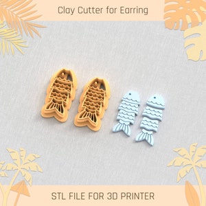 Può includere: Taglierine per argilla a forma di pesce per orecchini, in arancione chiaro e azzurro. Il testo "Clay Cutter for Earring" e "STL FILE FOR 3D PRINTER" è visualizzato.