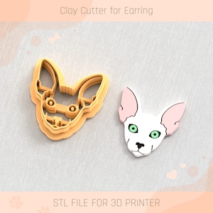 Puede incluir: Un cortador de arcilla para pendientes con forma de cabeza de gato, junto a un pendiente terminado. El cortador es de color naranja claro, y el pendiente es blanco con orejas rosas y ojos verdes. El texto dice "Clay Cutter for Earring" y "STL File for 3D Printer."