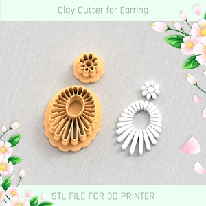 May include: Four 3D printed clay cutters for earrings, two are brown and two are white. The cutters are shaped like flowers with a hole in the center. The text "STL FILE FOR 3D PRINTER" is at the bottom of the image.