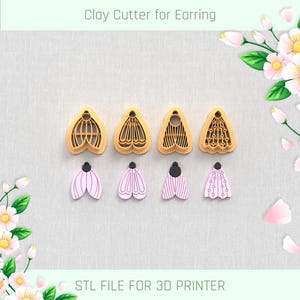 May include: Set of six 3D printed clay cutters for earrings. The cutters are in the shape of a butterfly with different designs. The cutters are orange and the butterflies are pink.