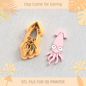 May include: Two 3D printed cookie cutters shaped like squid. The cutter on the left is a light brown color and has a detailed design. The cutter on the right is pink and has a simpler design. STL FILE FOR 3D PRINTER.