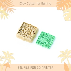 Könnte beinhalten: Zwei Ton-Ausstecher für Ohrringe, einer beige und einer grün, mit einem quadratischen, verzierten Design. Der Text "Clay Cutter for Earring" und "STL FILE FOR 3D PRINTER" sind auf dem Bild zu sehen.