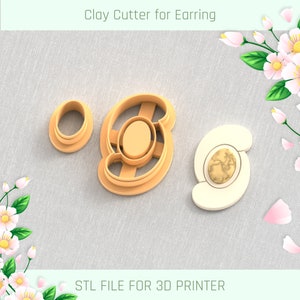 May include: Three 3D printed clay cutters for earrings. The cutters are made of a light brown plastic and are shaped like a circle, a curved shape, and a curved shape with a circle inside. The text "STL FILE FOR 3D PRINTER" is printed below the cutters.