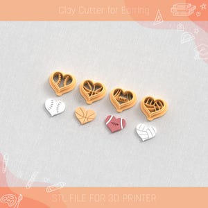 May include: Clay cutters for earrings in heart shapes, featuring baseball, basketball, football, and volleyball designs. The cutters are in a light orange color, and the sports-themed earrings are white, orange, and red. The text "Clay Cutter for Earring" and "STL FILE FOR 3D PRINTER" are visible.