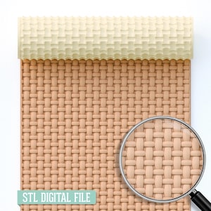 Puede incluir: Se muestra un patrón tejido de color beige y crema, posiblemente para un proyecto de manualidades. El diseño se amplía con una lupa circular. Las palabras "STL DIGITAL FILE" están impresas en un rectángulo azul claro.