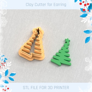 以下が含まれることがあります： 3Dプリントされたクリスマスツリーのクッキーカッター2個。1つは薄い茶色、もう1つは緑色です。 STLファイルは3Dプリンター用です。