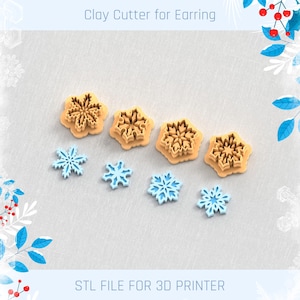 Può includere: Una collezione di taglierini per argilla e pezzi di argilla a forma di fiocco di neve. I taglierini sono color beige e i pezzi di argilla sono azzurri. Il testo "Clay Cutter for Earring" e "STL FILE FOR 3D PRINTER" sono visibili.