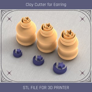 May include: Three 3D printed clay cutters for earrings, shaped like a crescent moon and star. The cutters are beige and are shown on a light gray fabric background. STL FILE FOR 3D PRINTER text is at the bottom of the image.