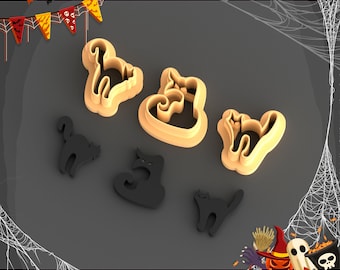 Peut inclure: Ensemble de six emporte-pièces en forme de chat imprimés en 3D pour faire des friandises d'Halloween. Les emporte-pièces sont en noir et orange et sont disposés sur un fond noir. FICHIER STL POUR IMPRIMANTE 3D.