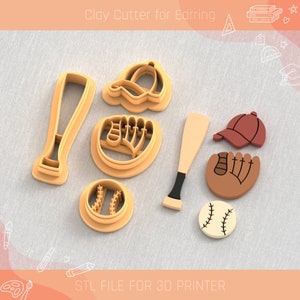 May include: A collection of clay cutters for earrings in a baseball theme. The set includes cutters for a baseball bat, glove, cap, and ball. The cutters are in shades of tan, brown, and black. Text at the top reads "Clay Cutter for Earring".