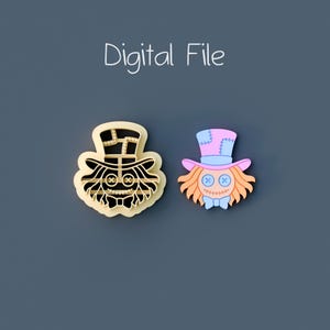 May include: A beige cookie cutter and a colorful cookie design featuring a character with a top hat, button eyes, and a bow tie. The text Digital File is displayed above the items. The character has orange hair, a pink and blue hat, and a blue bow tie.